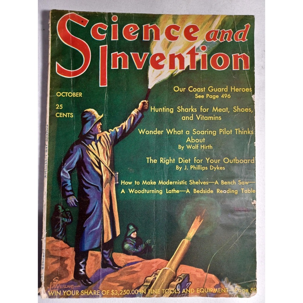 Vintage 1930 Science And Invention Magazine Oct Coast Guard Sharks‎ Color Cover
